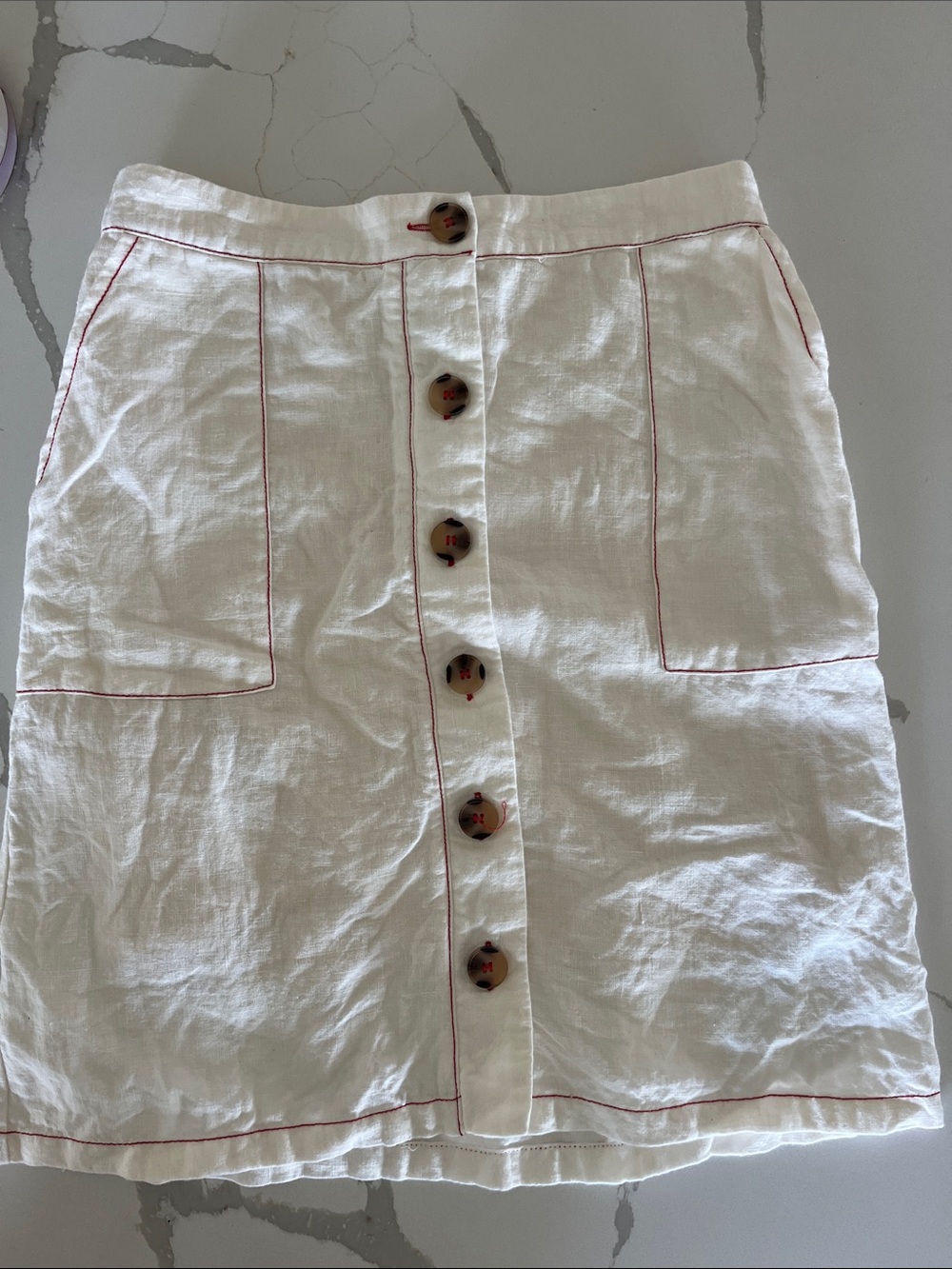 Roolee- Linen Button-Front A-Line Skirt in White with Red Stitching